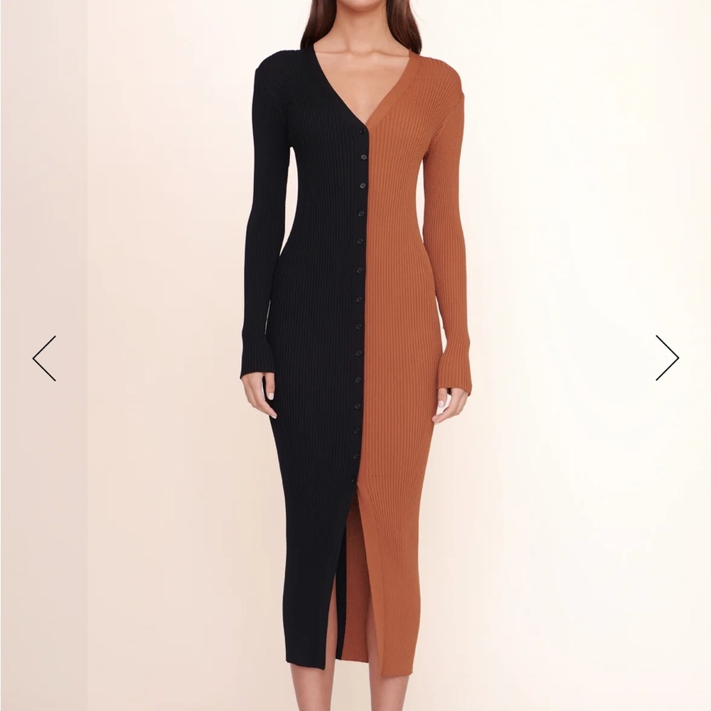 Staud Shoko Colorblocked Midi-Dress XS in tan and black